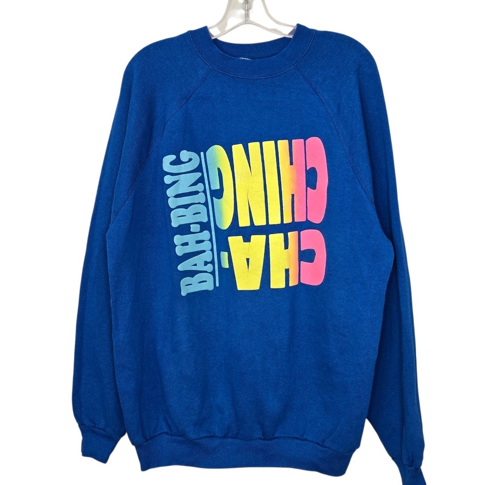 Vintage 80s Tultex Cha-Ching Bah-Bing Sweatshirt‎ 2XLT Blue Neon Puff Print USA